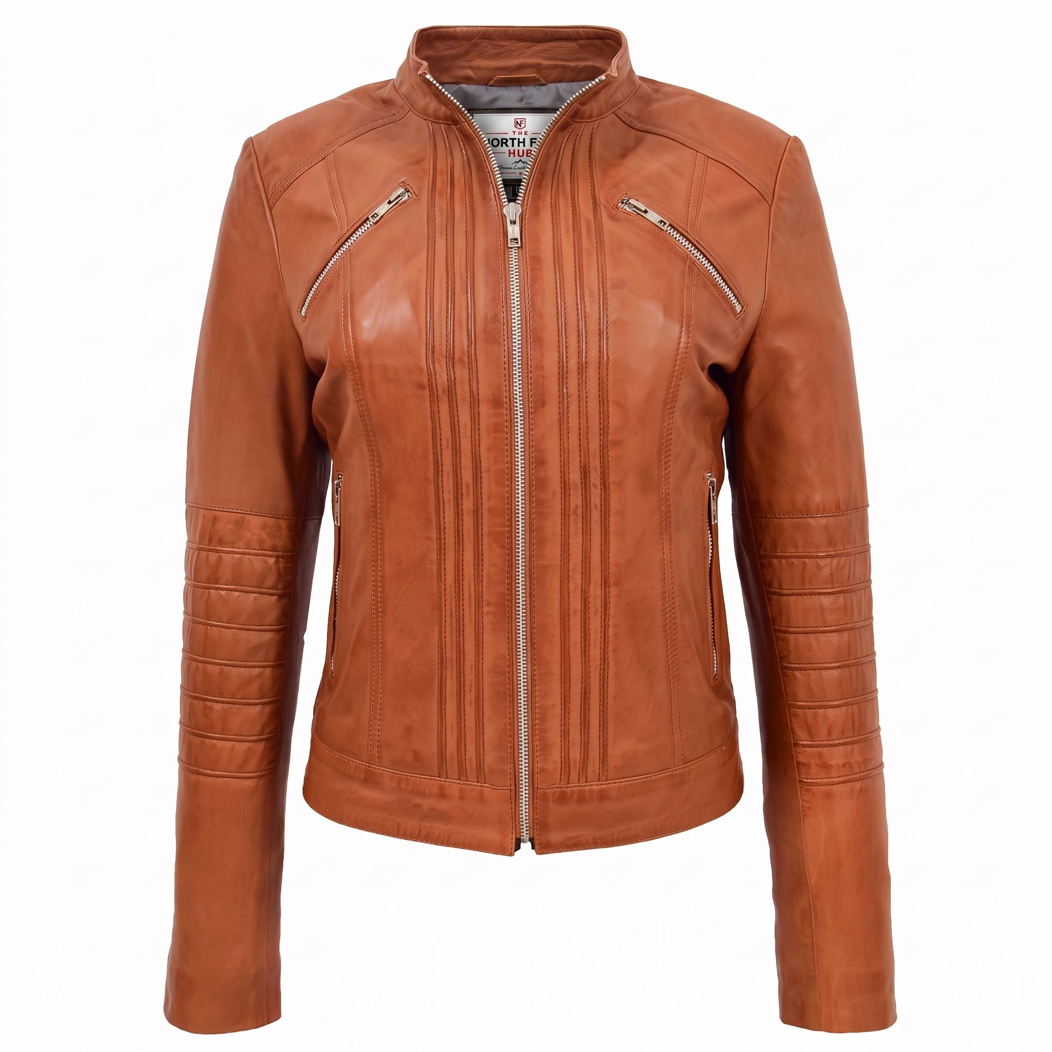 Womens Leather Collarless Jacket with Quilt Design Joan Dynamo Tan