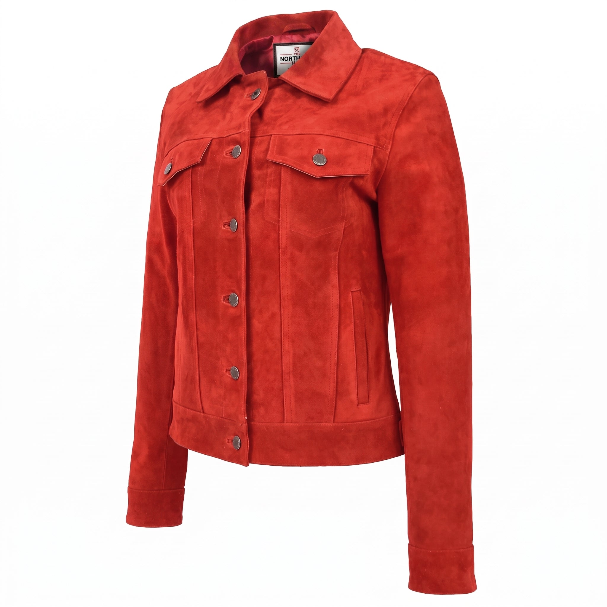 Womens Soft Suede Trucker Style Jacket Alma Ignite Red
