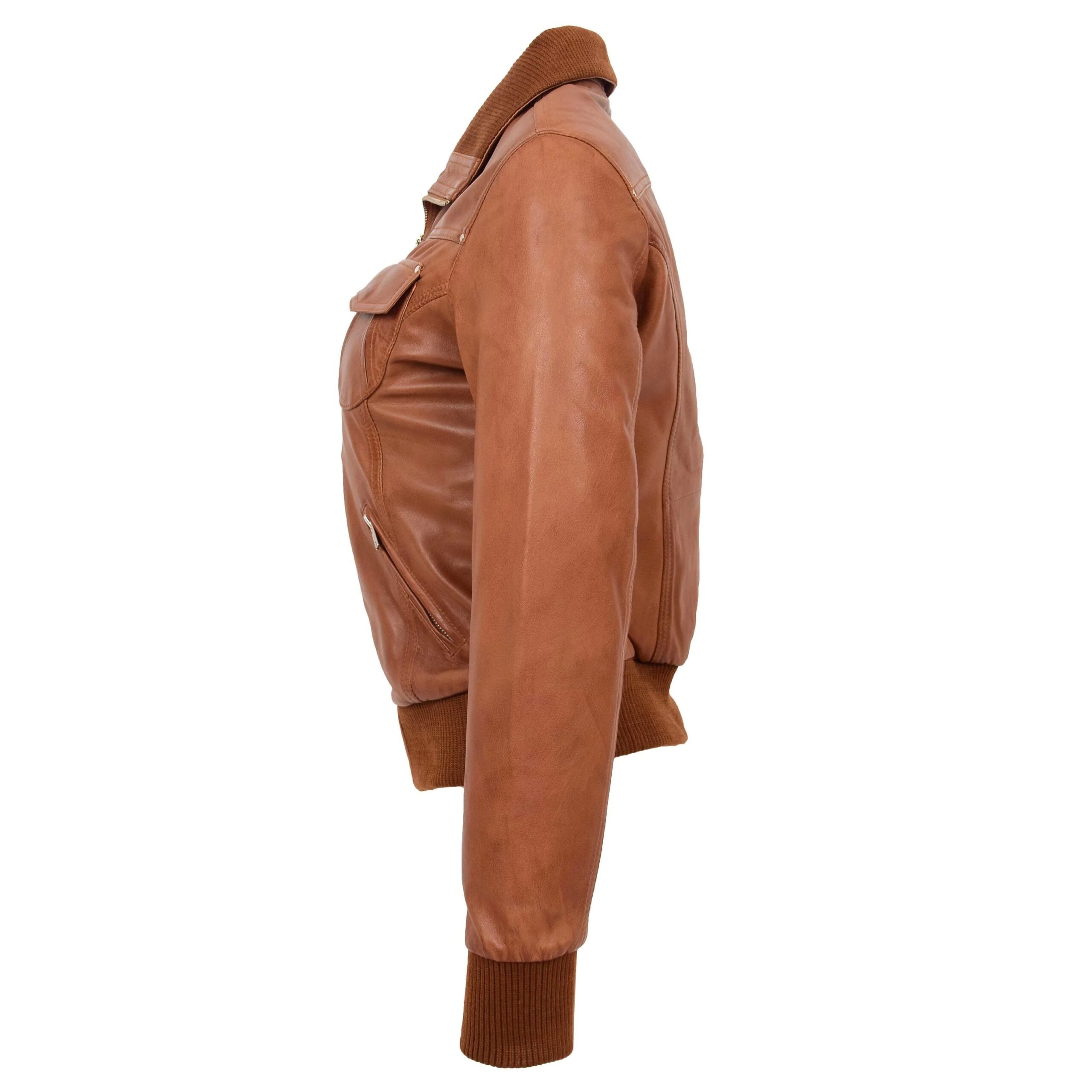 Womens Leather Classic Bomber Jacket Motto Dynamo Tan