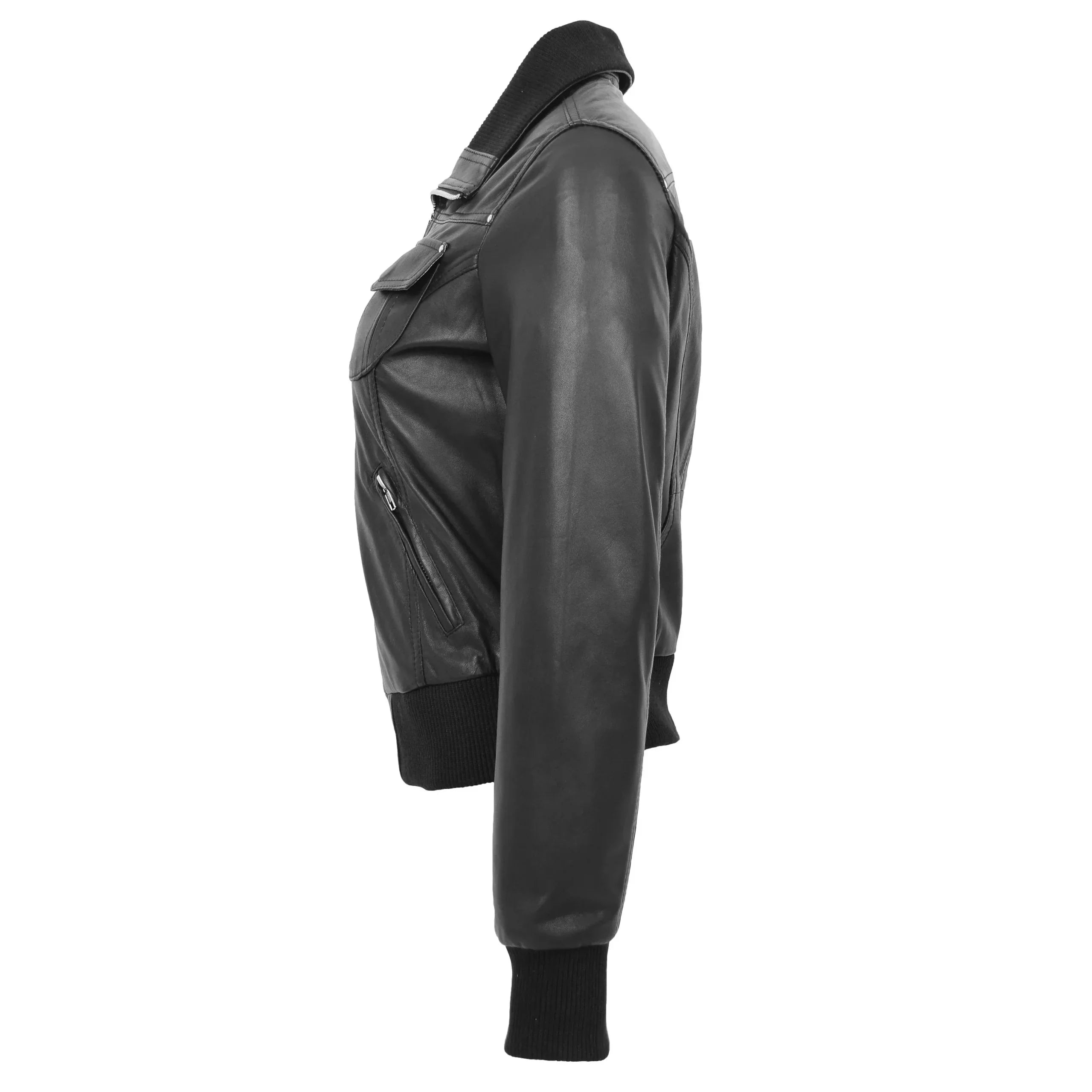 Womens Leather Classic Bomber Jacket Motto Nova Black