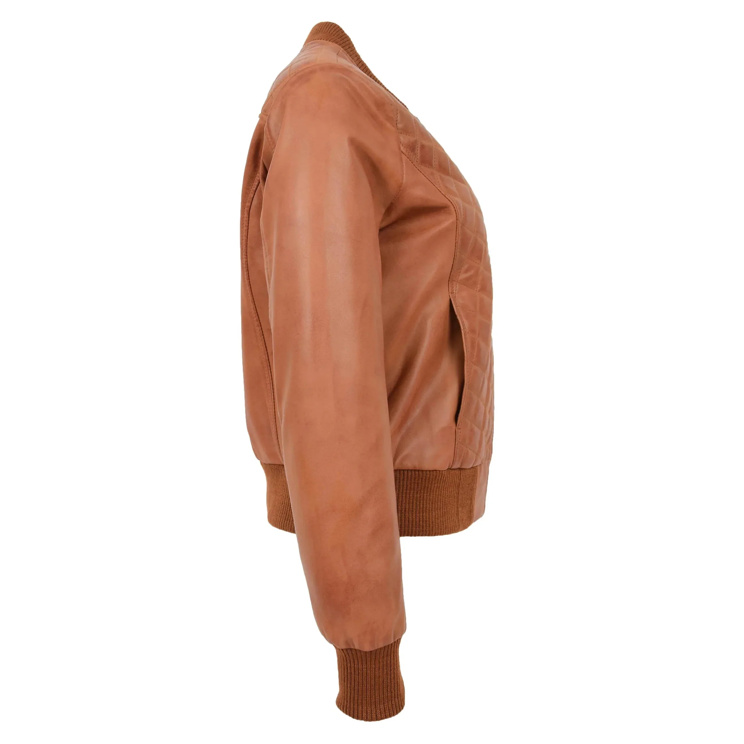 Womens Leather Varsity Quilted Bomber Jacket Dynamo Tan