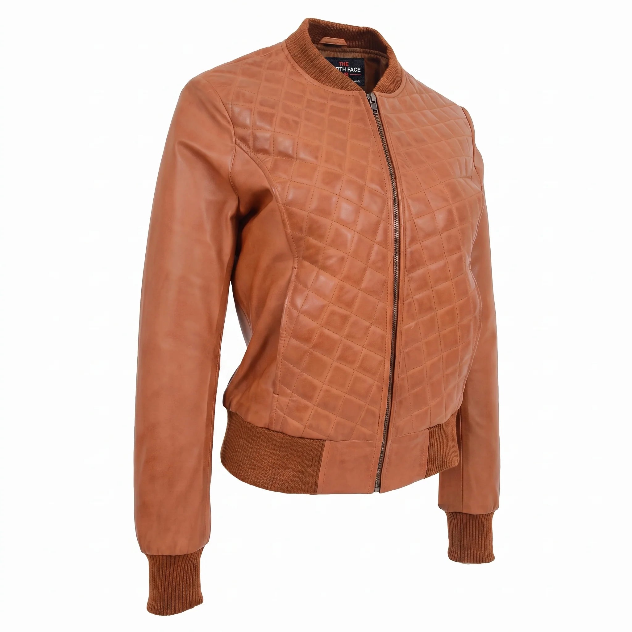 Womens Leather Varsity Quilted Bomber Jacket Dynamo Tan