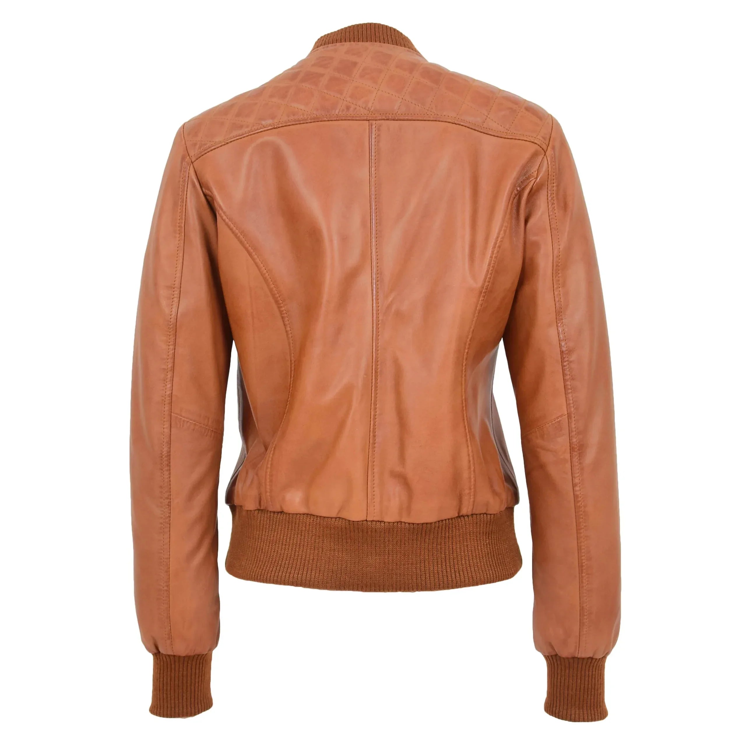 Womens Leather Varsity Quilted Bomber Jacket Dynamo Tan