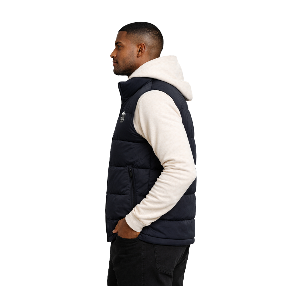 The North Face hub Men’s Navy Blue Insulated Puffer Vest – Front View Winter Sleeveless Outerwear