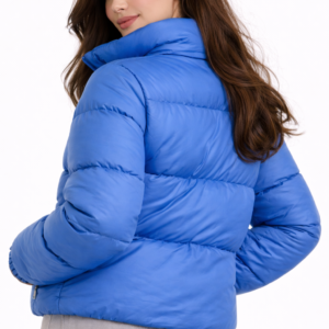 Women’s blue puffer jacket with full zip front, insulated winter jacket on white background