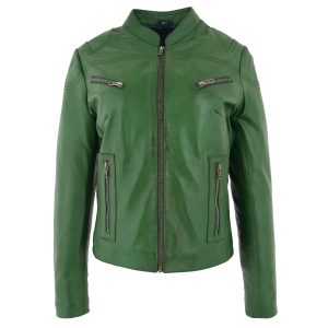 Womens Leather Standing Collar Jacket Becky Aurora Green