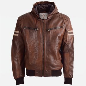 Mens Real Leather Bomber Zip up Detachable Hoodie Jacket