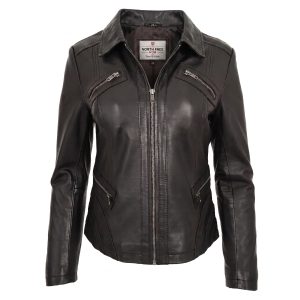Womens Classic Leather Biker Zip Box Jacket
