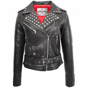 Womens Leather Studded Brando Style Jacket
