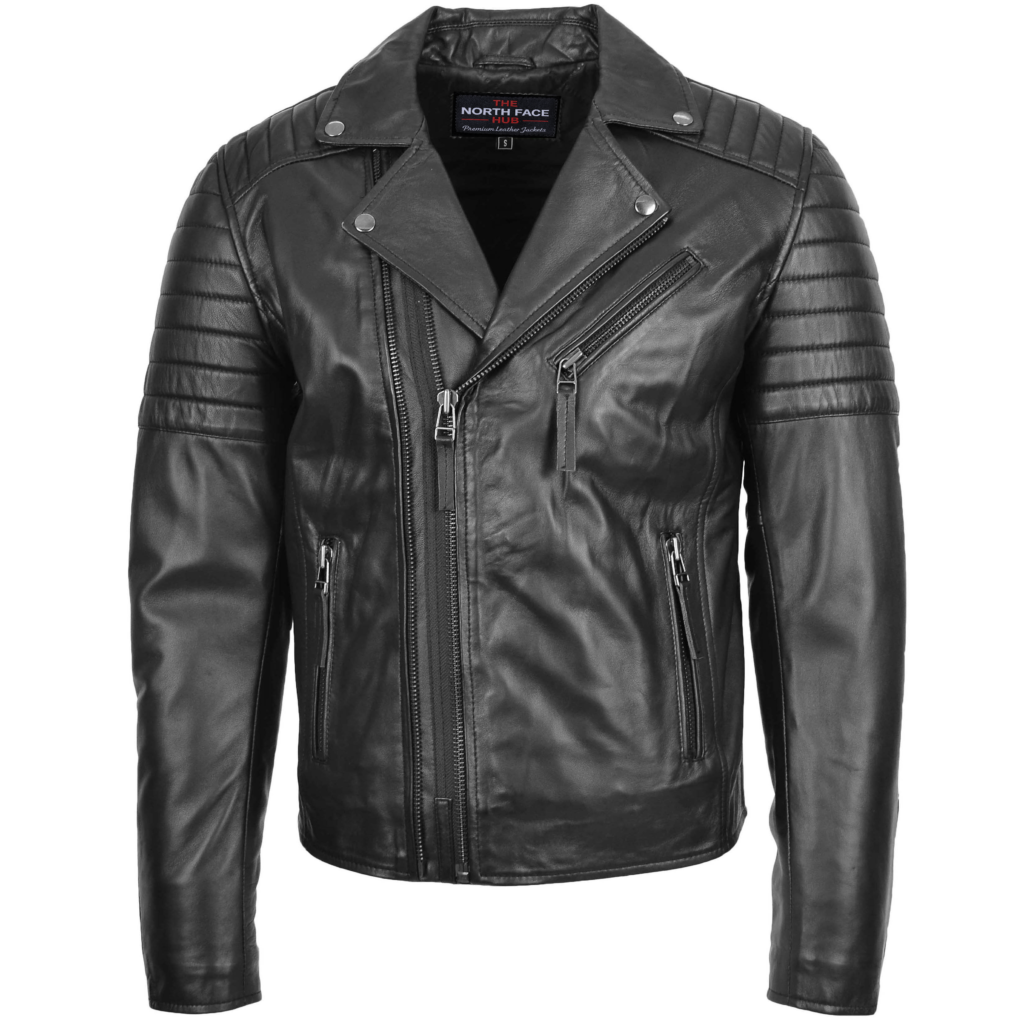 Men’s phantom black biker leather jacket with quilted shoulders, asymmetrical zip closure and slim fit premium leather design