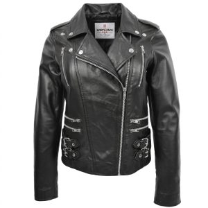 Womens Cross Zip Biker Leather Jacket