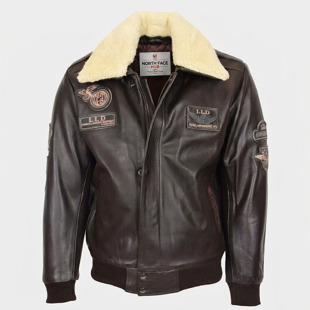 Mens Leather Jacket with Detachable Collar Pilot-N Zenith Brown Mens Leather Jacket