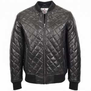 Mens Leather Quilted Bomber Jacket