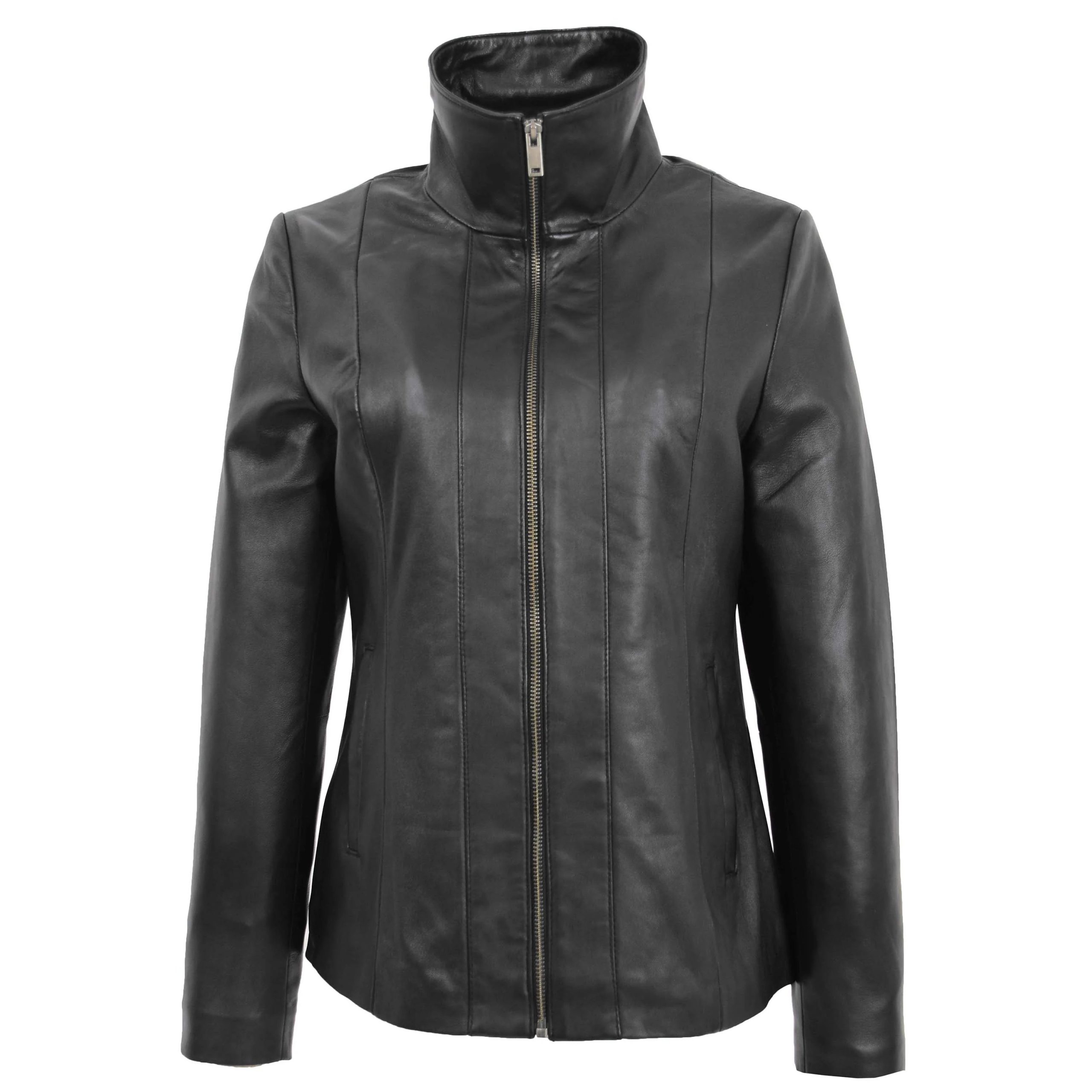 1 (2) Womens Classic Zip Fastening Leather Jacket
