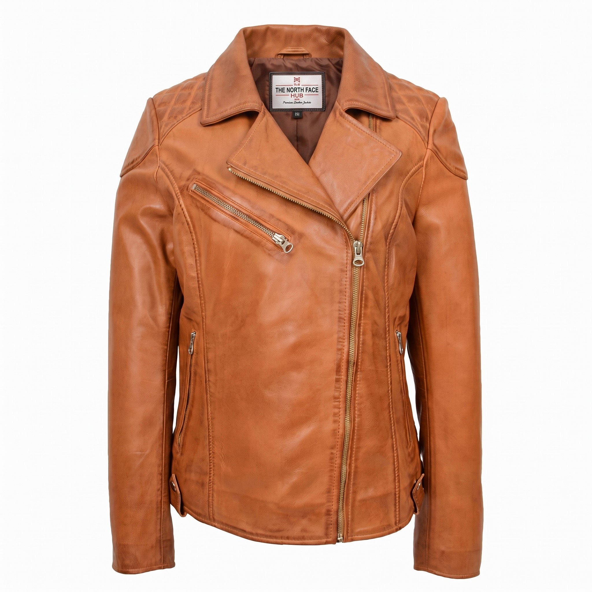 Womens Real Leather Biker Jacket Cross Zip Pockets Cherry Dynamo Tan Womens Real Leather Biker Jacket