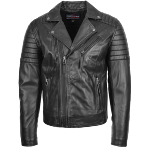 Men’s phantom black biker leather jacket with quilted shoulders, asymmetrical zip closure and slim fit premium leather design