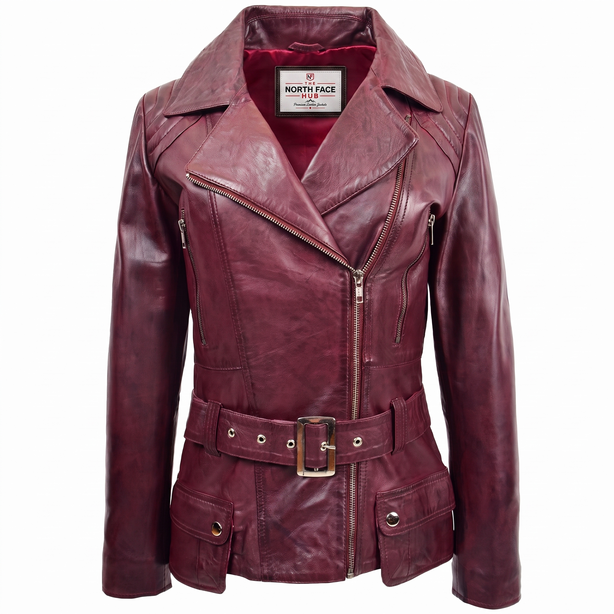 Womens Leather Hip Length Biker Jacket Celia Infinite Burgundy Womens Leather Hip Length Biker Jacket