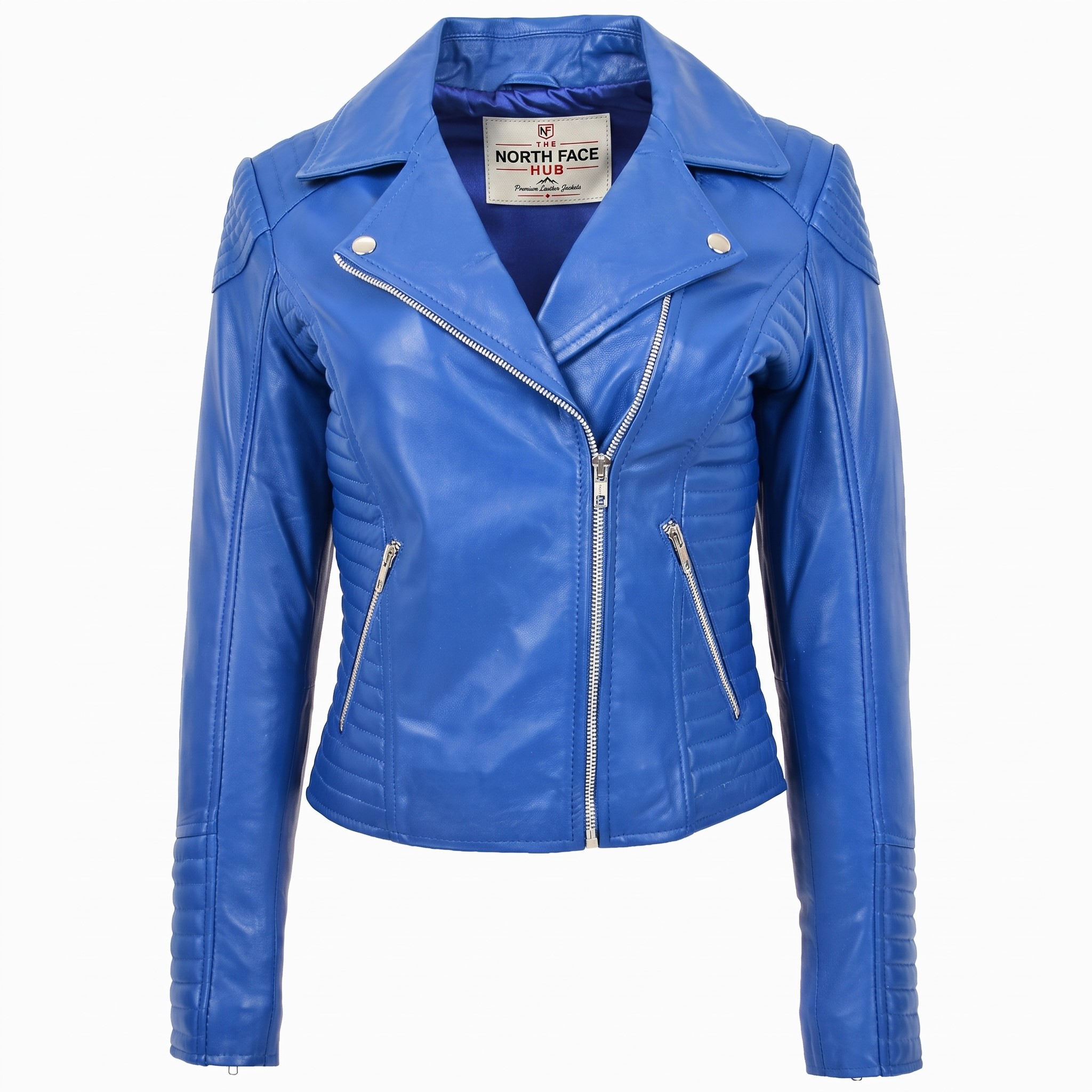 Womens Soft Leather Cross Zip Biker Jacket Anna Radiant Blue Womens Soft Leather Cross Zip Biker Jacket