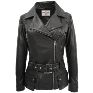 Womens Leather Hip Length Biker Jacket