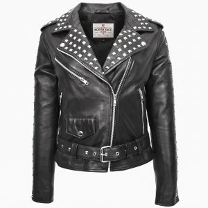 Womens Real Leather Biker Jacket Studded Brando Jacket