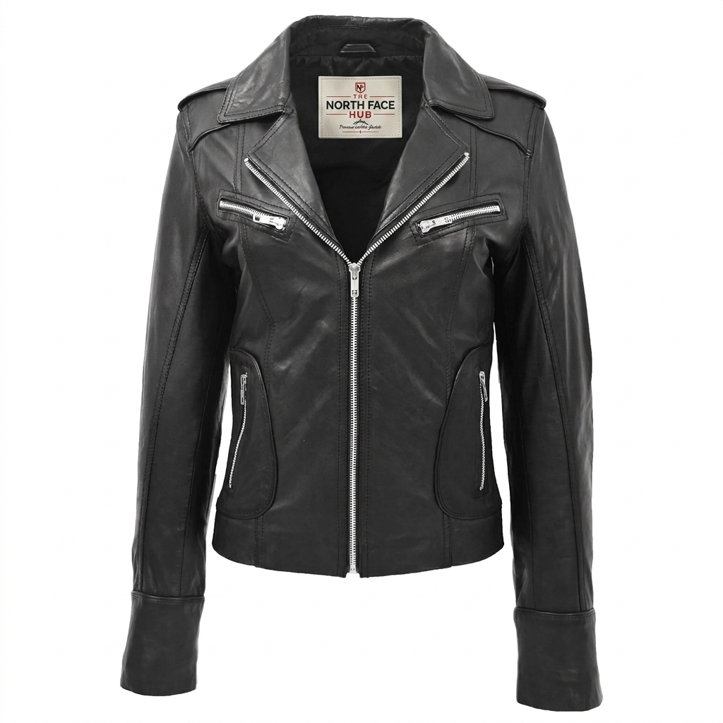 Womens Leather Fitted Biker Style Jacket Kim Nova Black Womens Leather Fitted Biker Style Jacket