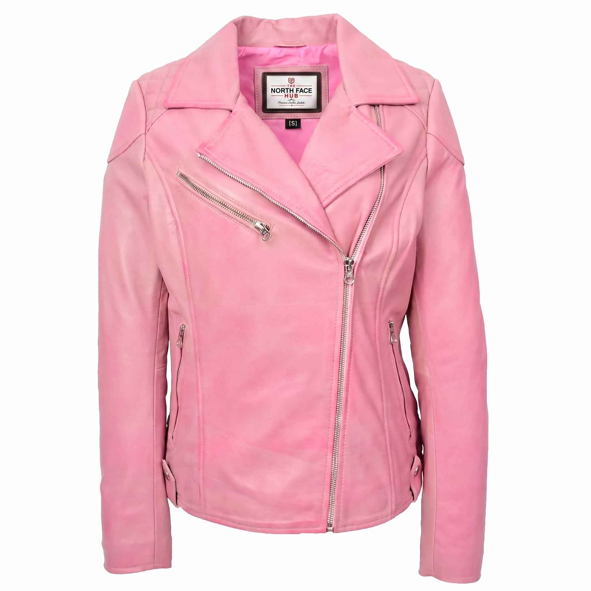 Womens Real Leather Biker Jacket Cross Zip Pockets Cherry Chroma Pink Womens Real Leather Biker Jacket