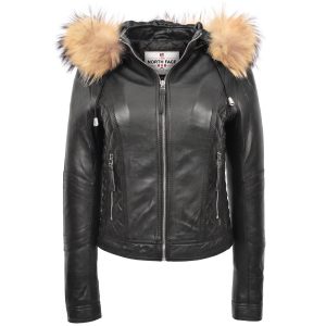 Womens Detachable Hoodie Biker Leather Jacket