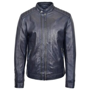 Mens Real Leather Biker Jacket Archie Luna Navy Blue