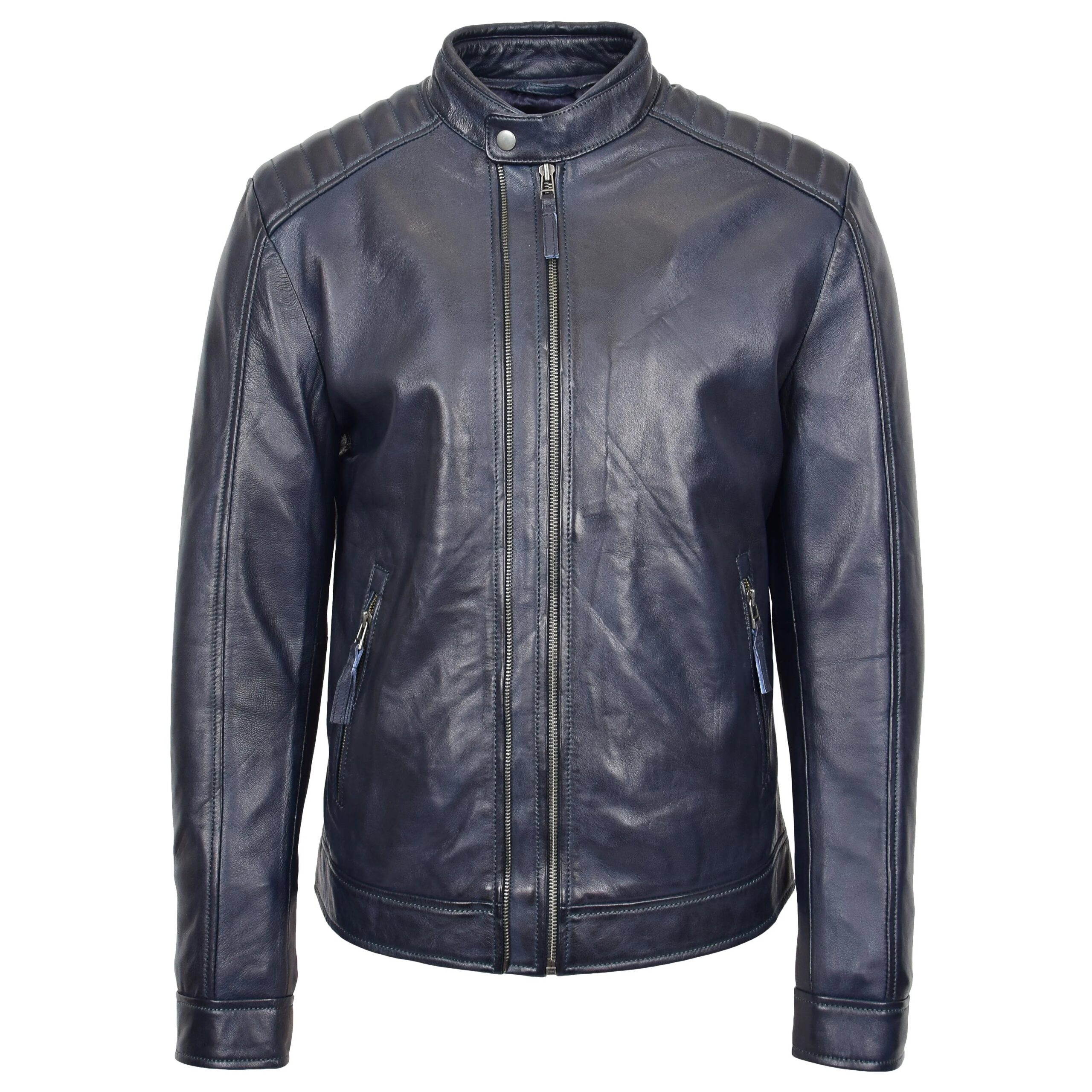 Done Mens Real Leather Biker Jacket Archie Luna Navy Blue 3 Mens Real Leather Biker Jacket Archie Luna Navy Blue