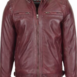 Mens Biker Leather Jacket Standing Collar