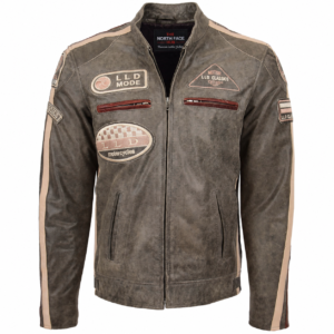 Mens Biker Leather Jacket with Badges
