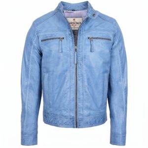 Mens Leather Cafe Racer Biker Jacket Charlie Horizon Sky Blue