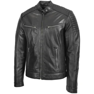 Men's Ron Black cafe racer biker jacket crafted from premium black leather with quilted shoulders, stand collar, front zip closure, and four functional zip pockets.