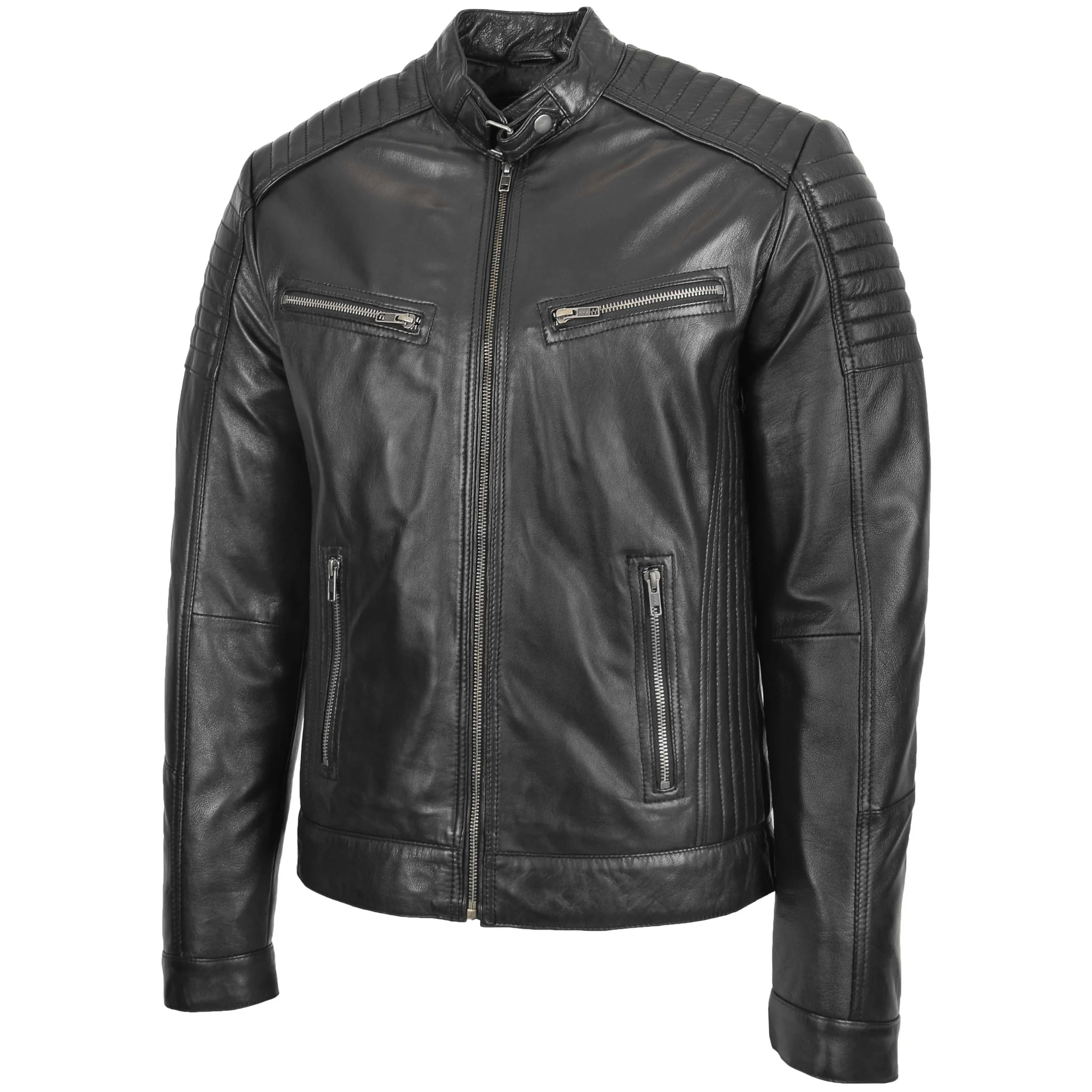 Mens Leather Cafe Racer Biker Jacket Ron Black 3 Men's Ron Black cafe racer biker jacket crafted from premium black leather with quilted shoulders, stand collar, front zip closure, and four functional zip pockets.