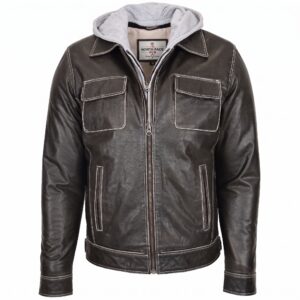 Mens Leather Detachable Hoodie Work Jacket