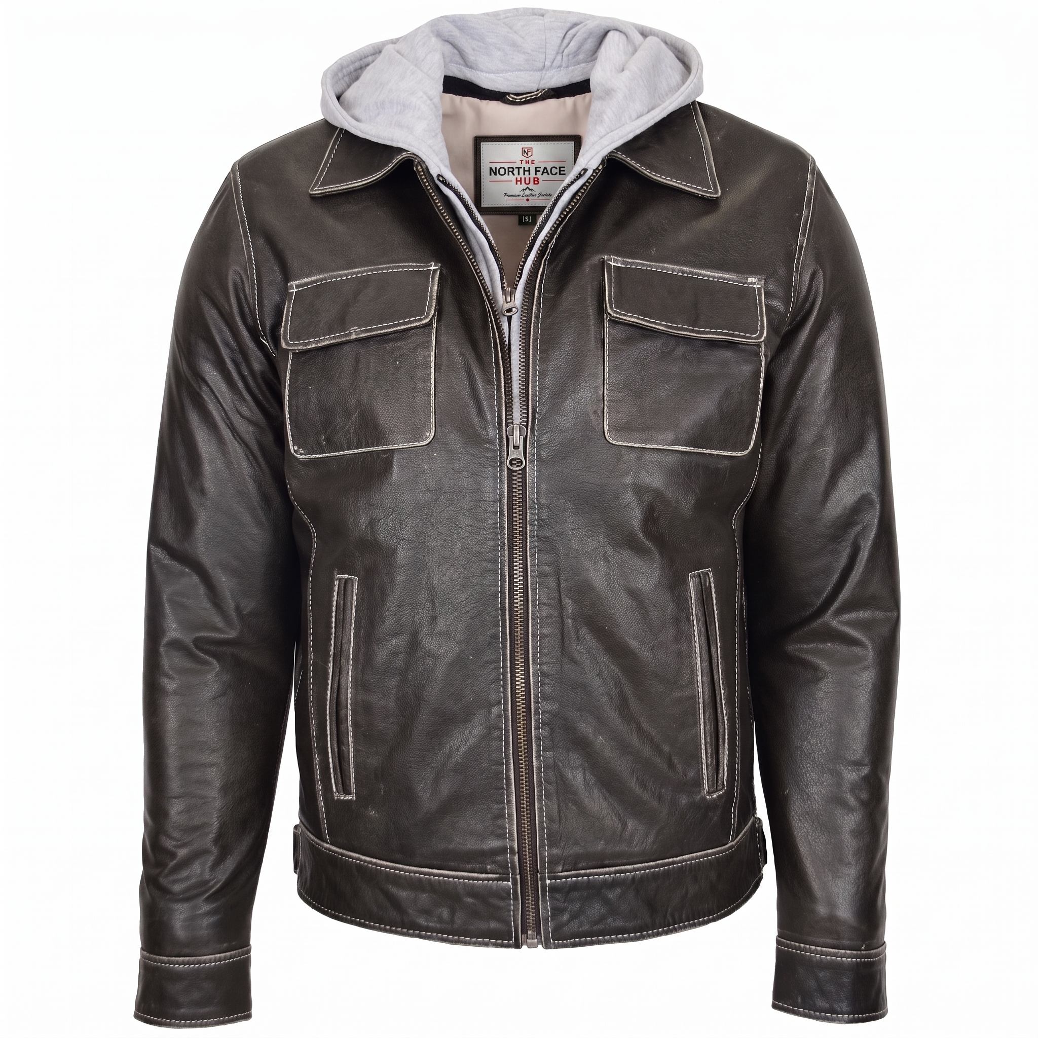 Mens Leather Detachable Hoodie Work Jacket Azure Grey (2) Mens Leather Detachable Hoodie Work Jacket