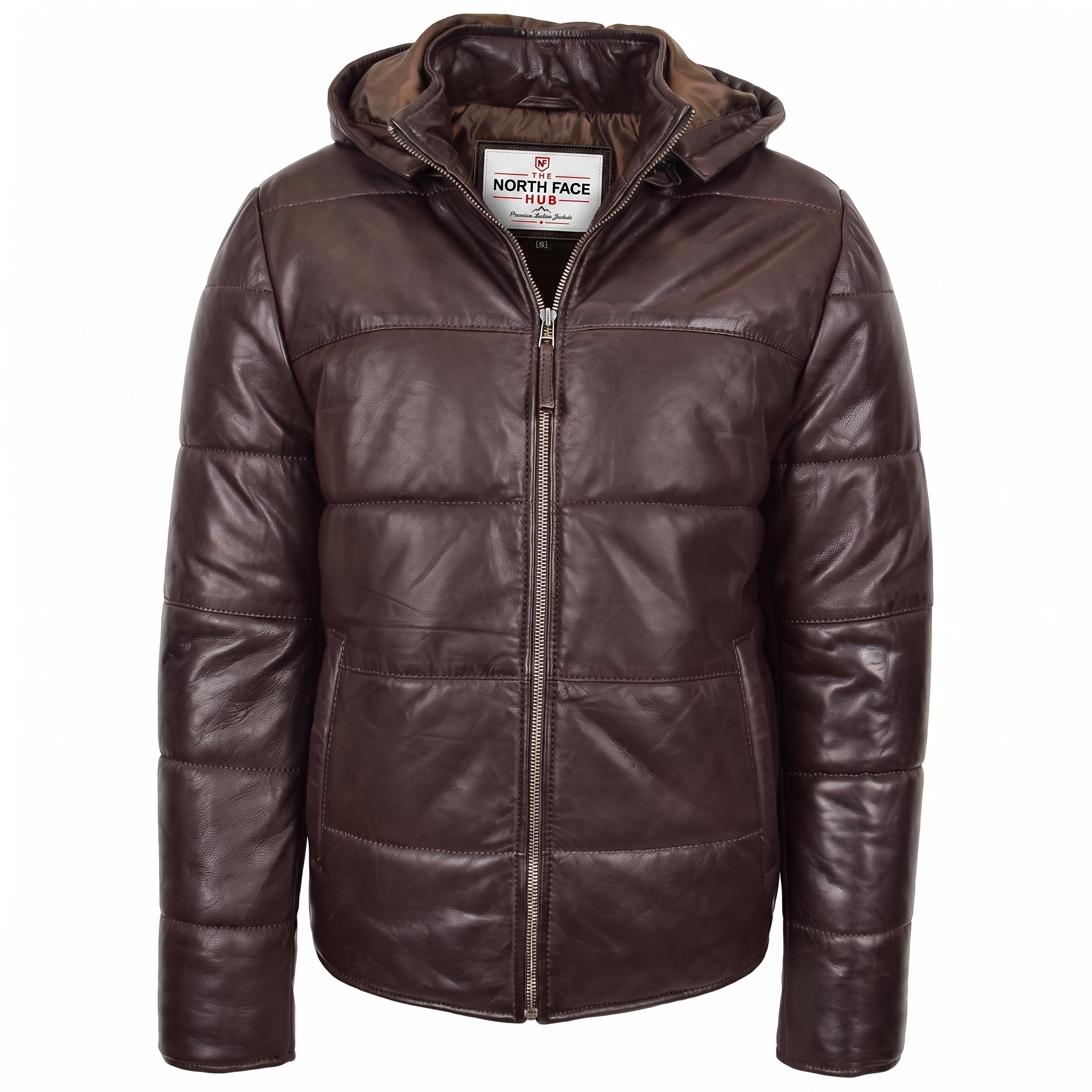Mens Leather Hooded Puffer Jacket Zenith Brown (1) Mens Leather Hooded Puffer Jacket