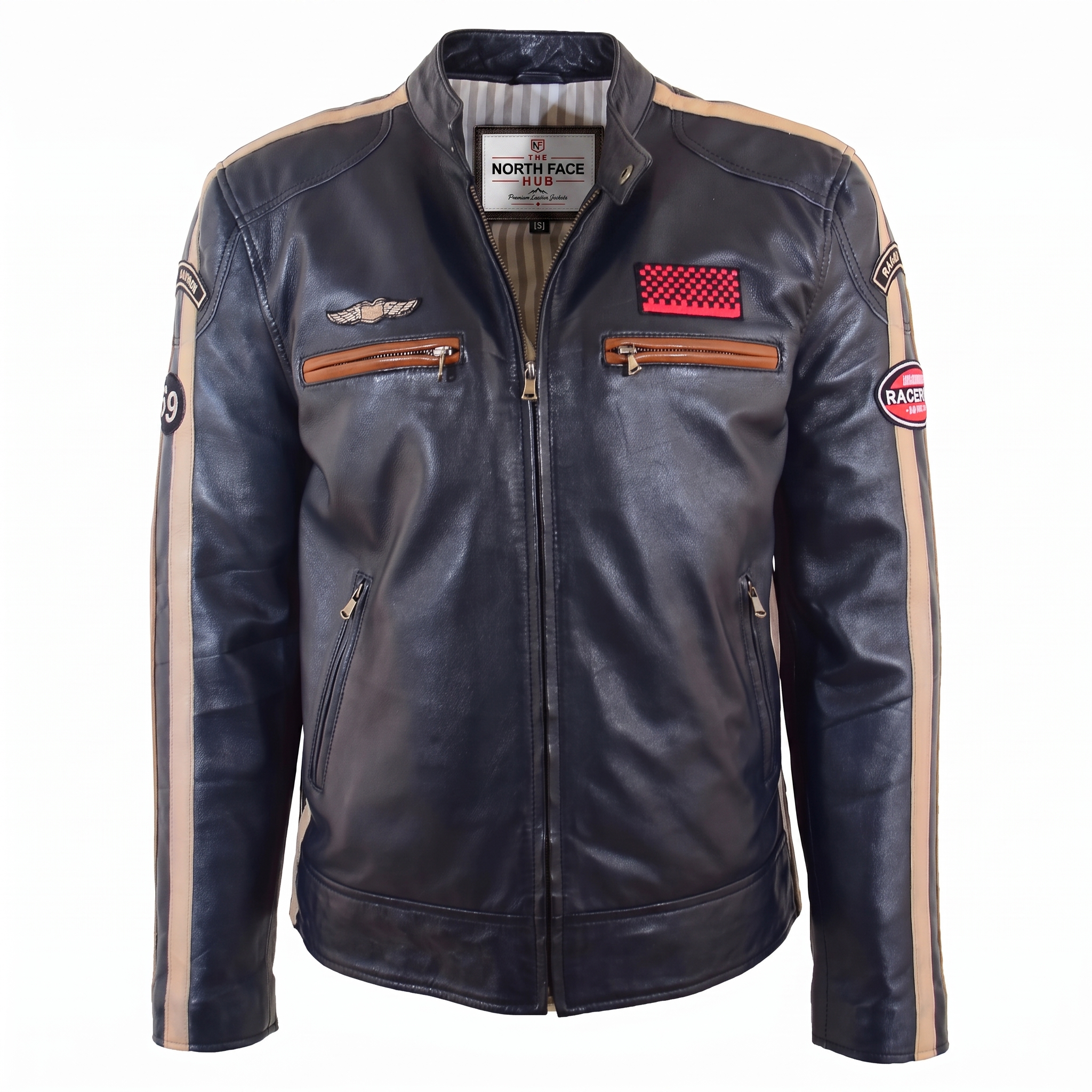Mens Real Leather Biker Jacket Cafe Racer Style Badges TRON Luna Navy (5) Mens-Real-Leather-Biker-Jacket-Cafe-Race