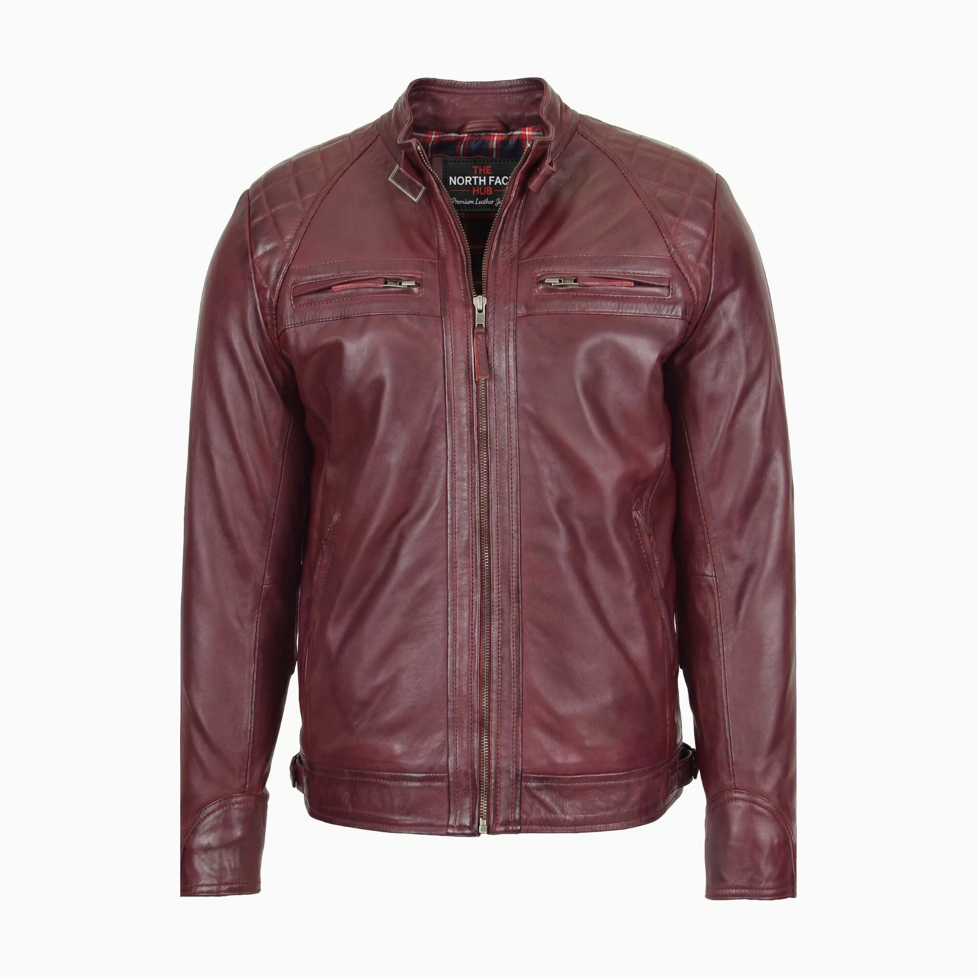 Mens Biker Leather Jacket Standing Collar Infinite Burgundy