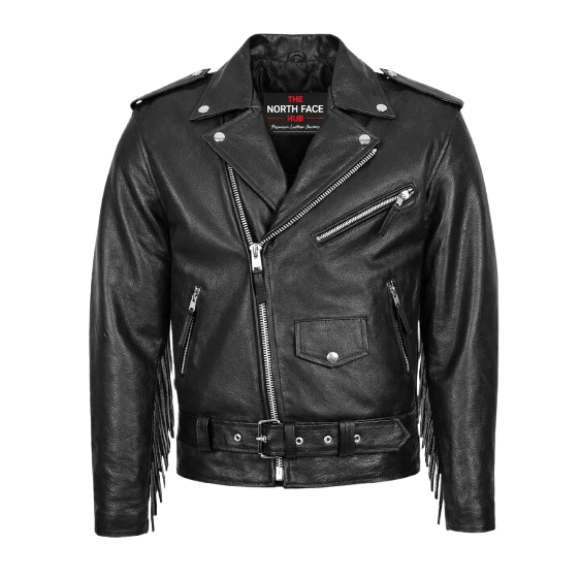 Mens Black Obsidian Night Fringe Belted Biker Leather Jacket