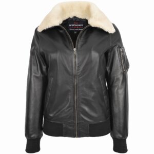 Women's black leather bomber jacket with removable cream shearling collar, front zip closure, ribbed cuffs and hem, utility sleeve pocket, and premium soft leather construction.
