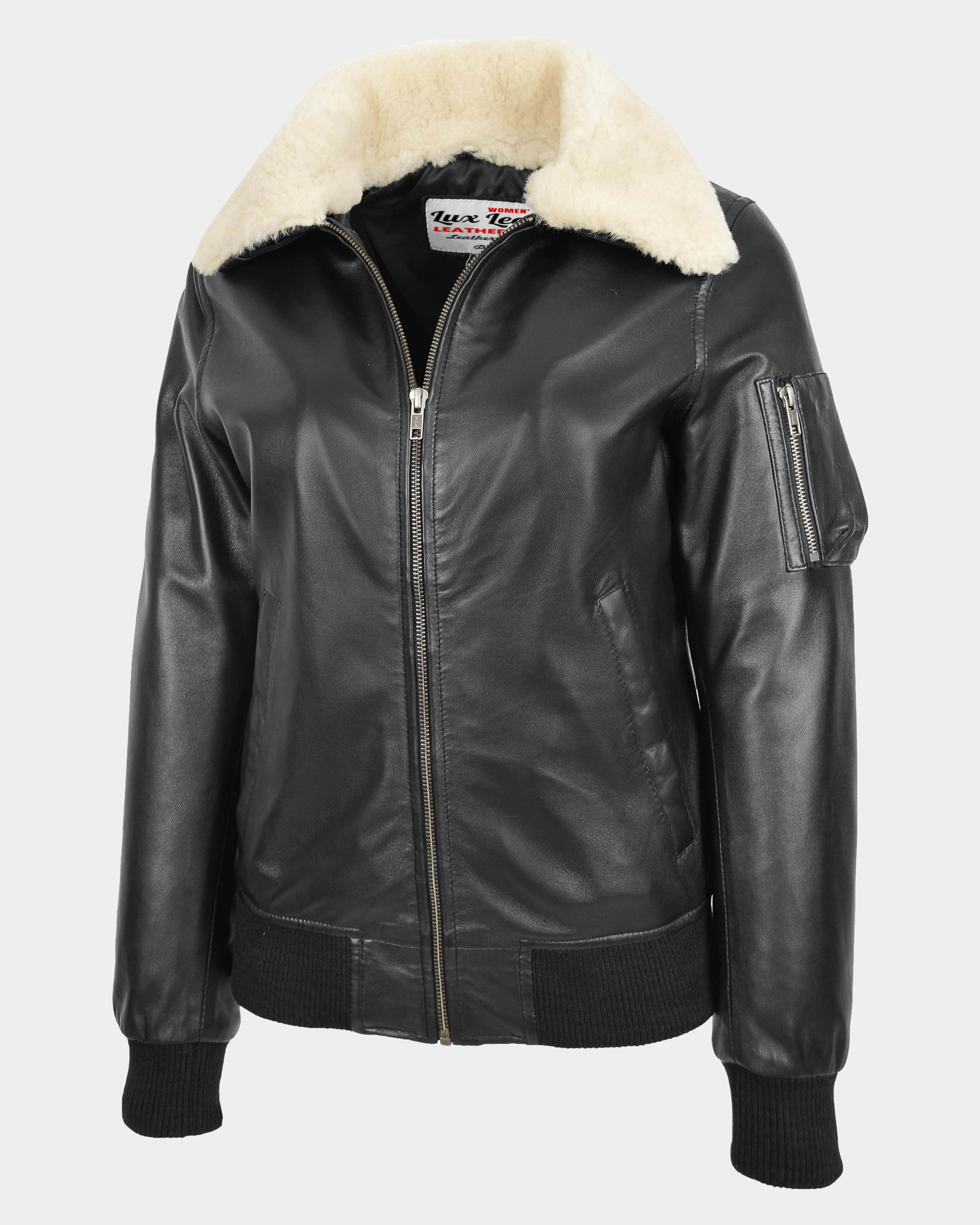 Womens-Leather-Bomber-Jacket-Removable-Collar-Nova-Black-4.jpg Womens Leather Bomber Jacket Removable Collar Nova Black - Image 4
