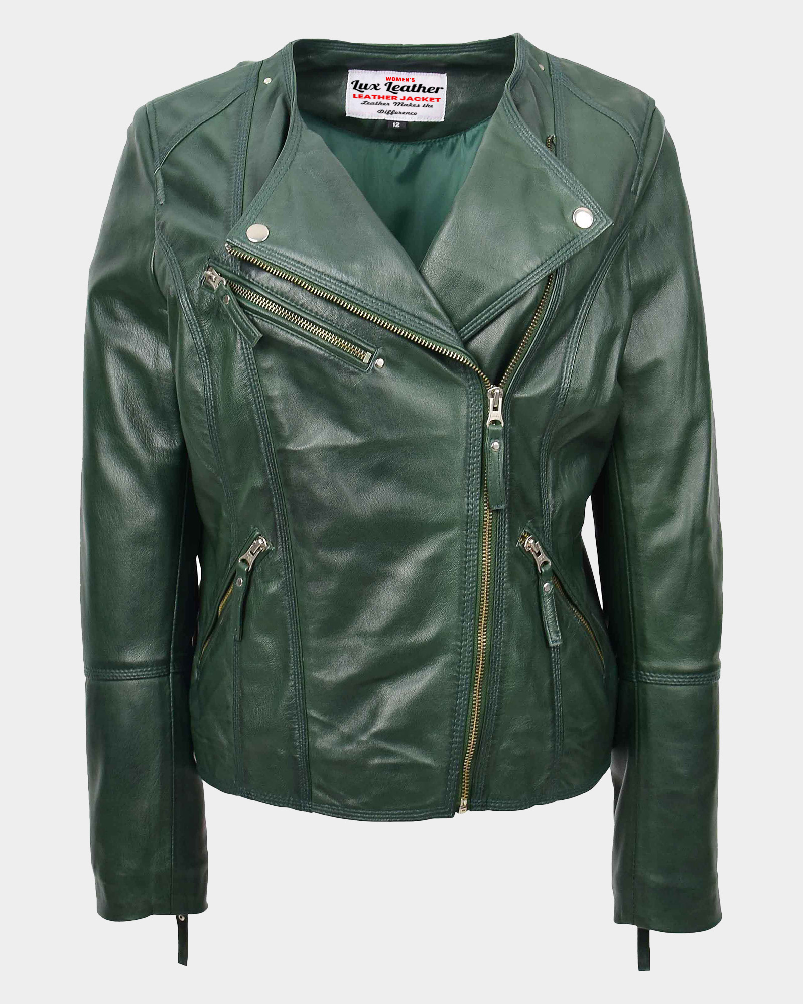 Womens-Leather-Casual-Biker-Jacket-Shelly-Cross-Zip-Aurora-Green-1.jpg Womens Leather Casual Biker Jacket Shelly Cross Zip Aurora Green - Image 1