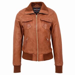 Women's tan leather bomber jacket with ribbed collar, cuffs and hem, front zip closure, flap chest pockets, zip side pockets, and premium vintage leather finish.