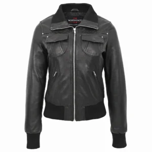 Women's black classic leather bomber jacket with ribbed collar, cuffs, and front flap chest pockets