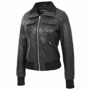 Women's black classic leather bomber jacket with ribbed collar, cuffs, and front flap chest pockets