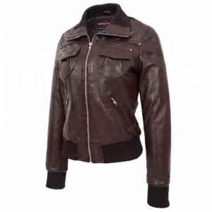 Women's dark brown leather classic bomber jacket with ribbed high collar, cuffs, and chest flap pockets