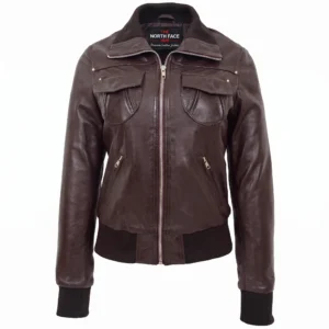 Women's dark brown leather classic bomber jacket with ribbed high collar, cuffs, and chest flap pockets