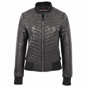 Women’s leather varsity quilted bomber jacket in Nova Black with diamond-stitched front panels, smooth sleeves, ribbed collar, cuffs and hem, and full-zip closure.