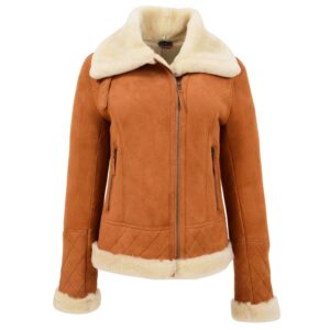 Women’s Merino sheepskin aviator jacket in Dynamo Tan with a cream shearling collar, full front zip, zip pockets, quilted cuffs and shearling-trimmed hem.